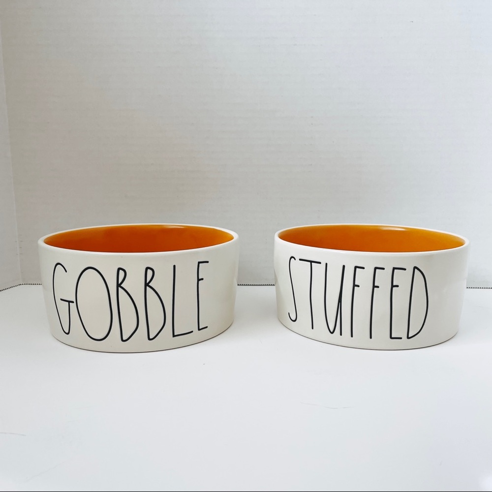 New Rae Dunn STUFFED & GOBBLE SET 6” Pet Bowl Food Water Dish ORANGE